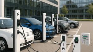 Mehrere Elektroautos laden gleichzeitig an modernen Ladesäulen vor einem Bürogebäude.