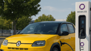 Gelber Renault 5 E-Tech Electric lädt tagsüber an einer Mobilize-Ladesäule auf einem Parkplatz.