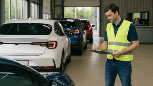 Mehrere Elektroautos stehen zur Zulassung bereit und werden von Prüfern kontrolliert.