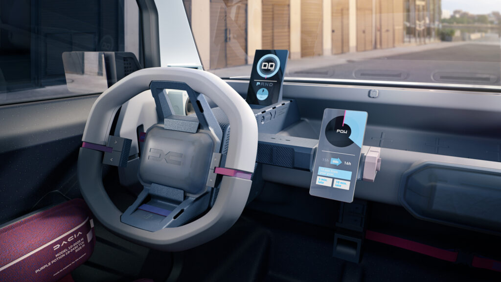 Innenraum des Dacia Hipster Concept mit Lenkrad und Smartphone-Dockingstation.