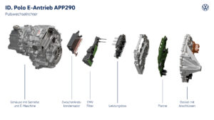 Zerlegte Darstellung des Pulswechselrichters mit Platinen und Leistungselektronik.