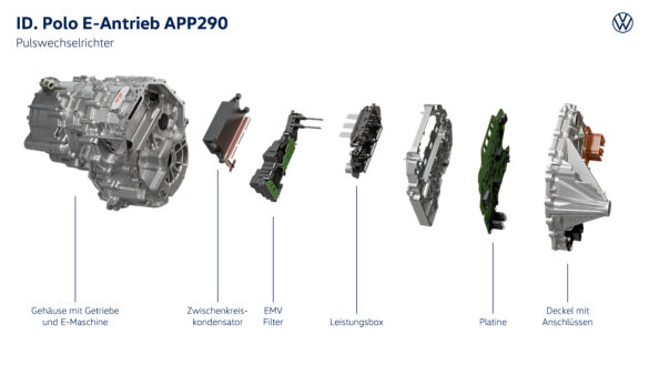 Zerlegte Darstellung des Pulswechselrichters mit Platinen und Leistungselektronik.