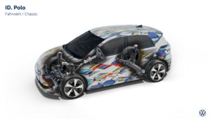 Transparente Darstellung des Fahrwerks und der Achskomponenten eines Elektroautos.