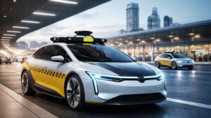 Futuristisches autonomes Taxi mit Sensorsystemen in urbaner Umgebung bei Dämmerung