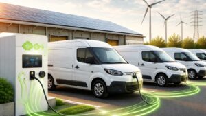 Elektro-Transporter an Ladestation mit Photovoltaik und Windkraft im Hintergrund, symbolisieren bidirektionales Laden.