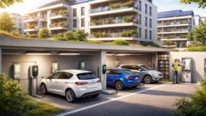 Wohnanlage mit Tiefgarage, in der mehrere Elektroautos an Ladestationen geladen werden, ergänzt durch Photovoltaikanlagen auf den Dächern.