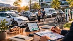 Moderner Fuhrpark mit E-Auto, Transportern und Ladeinfrastruktur