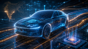 Symbolische Darstellung eines vernetzten Fahrzeugs mit leuchtenden Schaltkreisen und digitaler KI-Infrastruktur in einer futuristischen Umgebung.