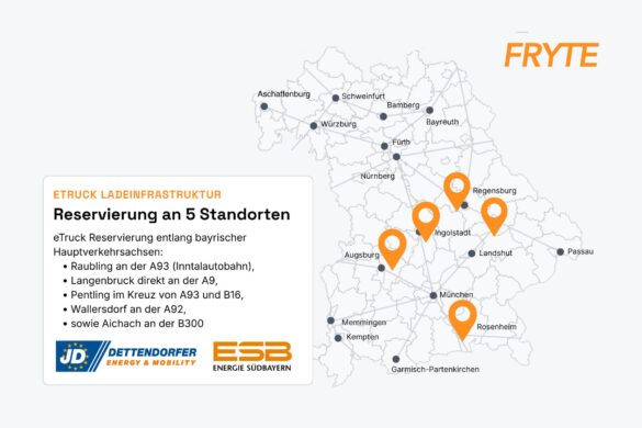Karte mit den ersten fünf FRYTE-Standorten für reservierbare eTruck-Ladepunkte in Bayern.