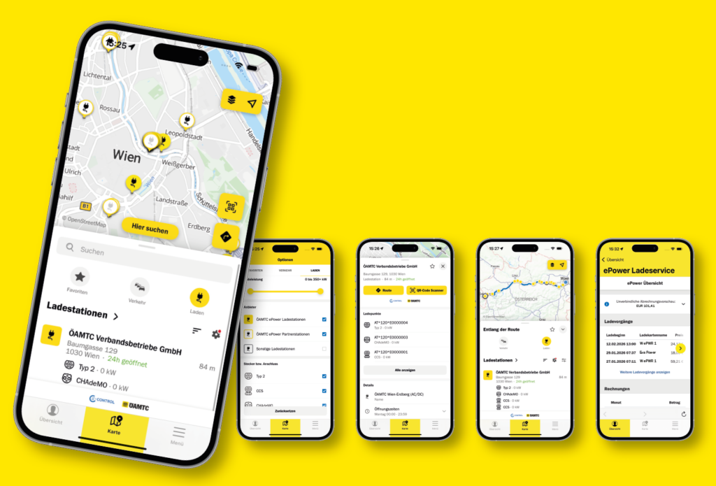 Mehrere Smartphone-Ansichten zeigen die Funktionen der ÖAMTC-ePower-App für Ladestationen und Ladevorgänge.