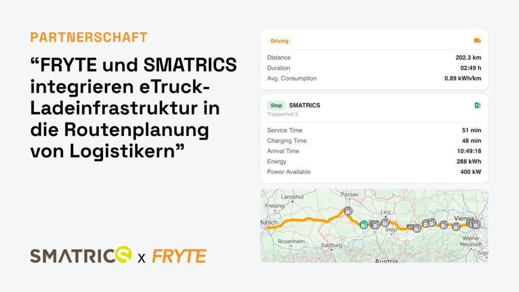Grafik zur Partnerschaft von FRYTE und SMATRICS mit digitaler E-LKW-Routenplanung, Ladestopp und Informationen zu Ladeleistung und Ladezeit.