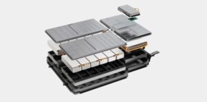 Explosionsdarstellung eines Batteriesystems für Elektrofahrzeuge mit Batteriezellen, Modulen und Gehäuse.